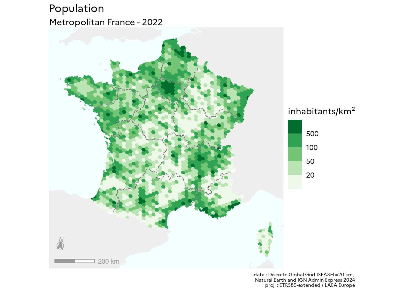 Harta grupării statistice pe o grilă hexagonală a populației franceze