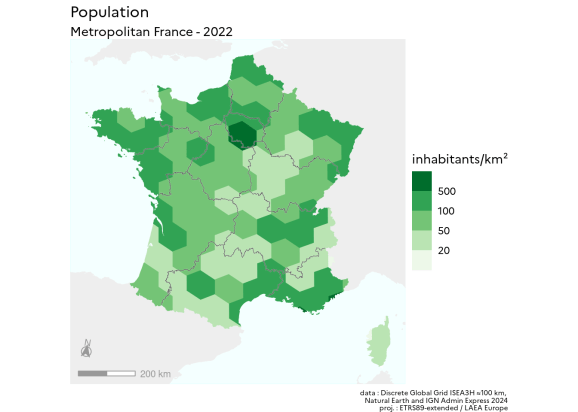 Harta grupării statistice pe o grilă hexagonală a populației franceze