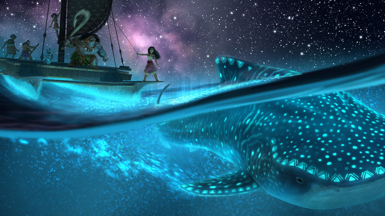Dwayne Johnson ca Maui și Auli'i Cravalho navigând pe ocean în Moana 2