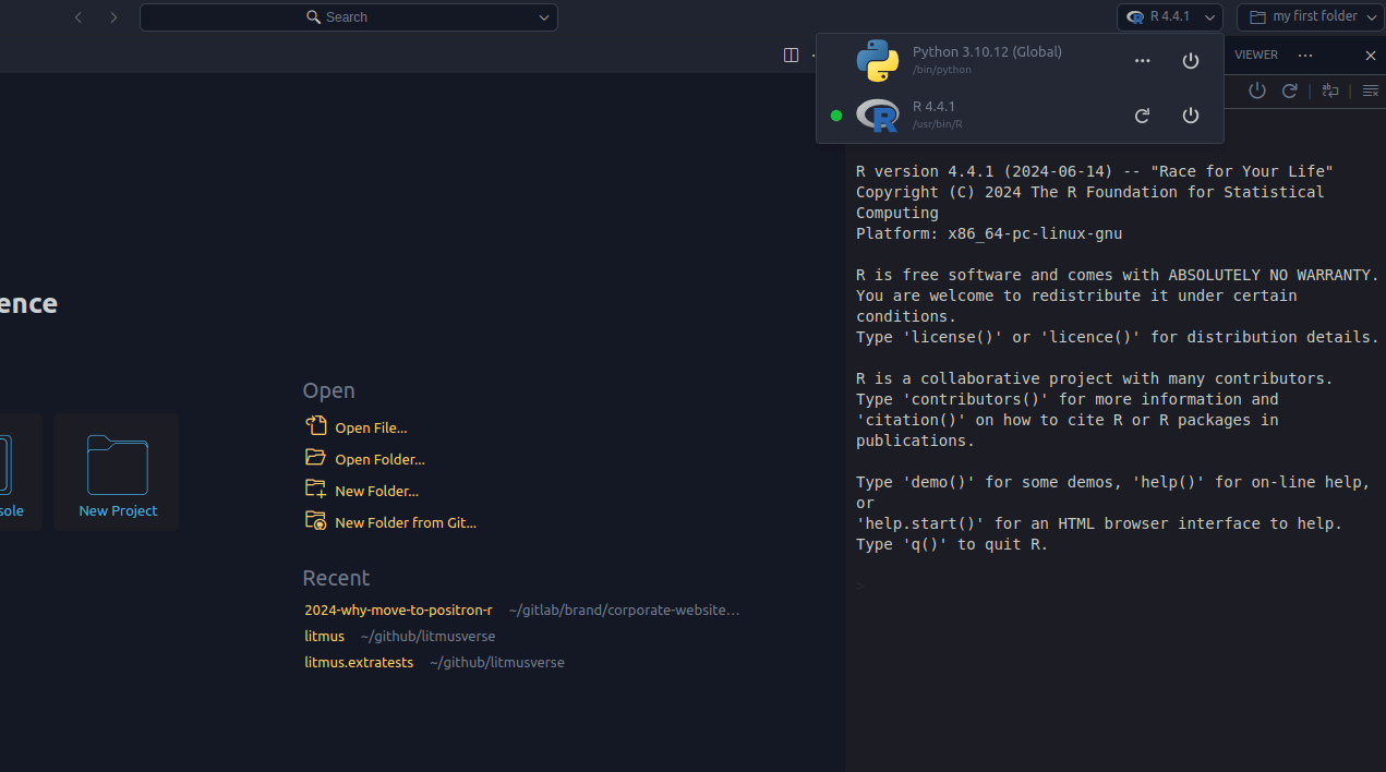 GUI pentru comutarea nucleului de la R la Python.
