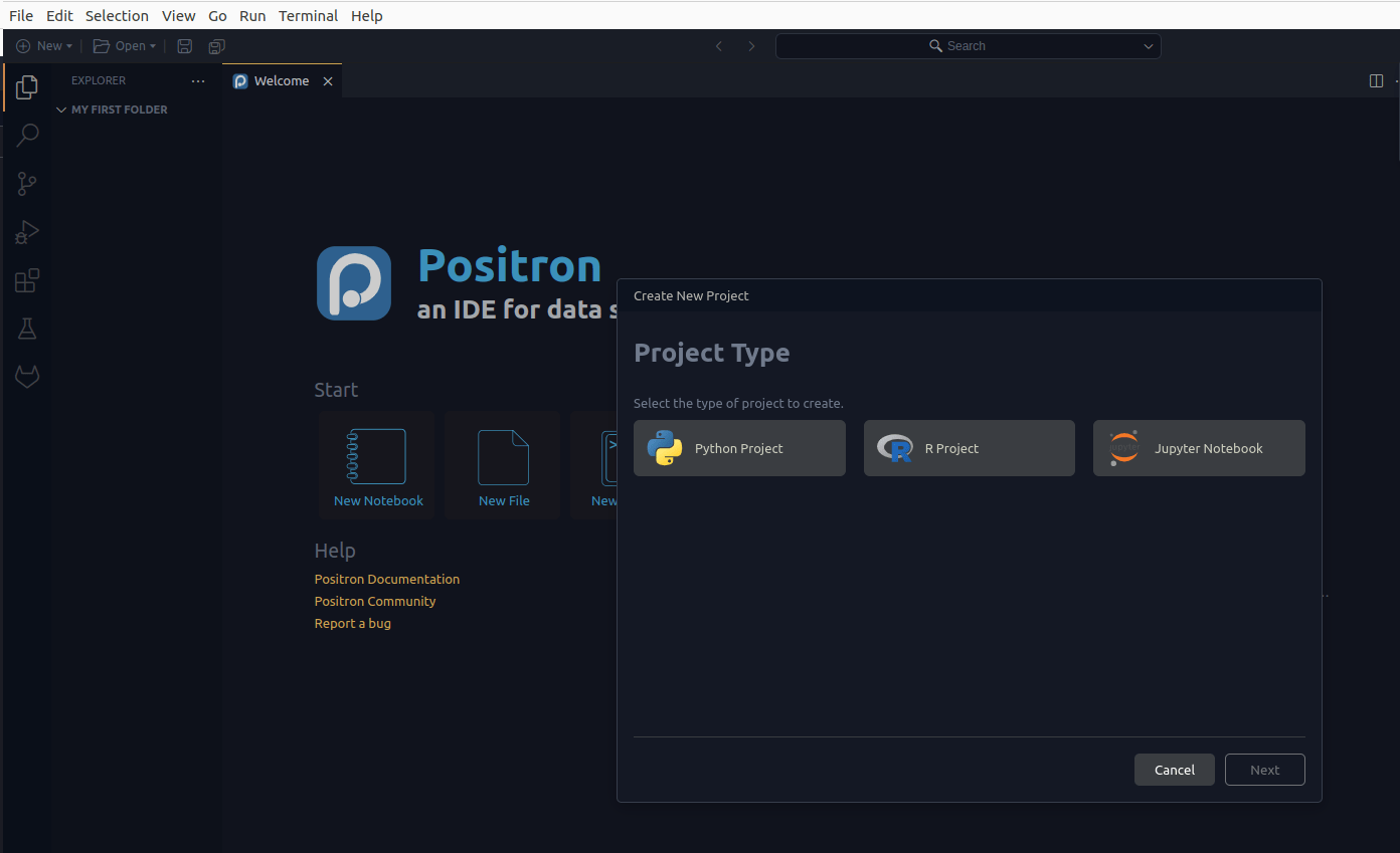 GUI pentru selectarea proiectului Python, R sau Jupyter Notebook.