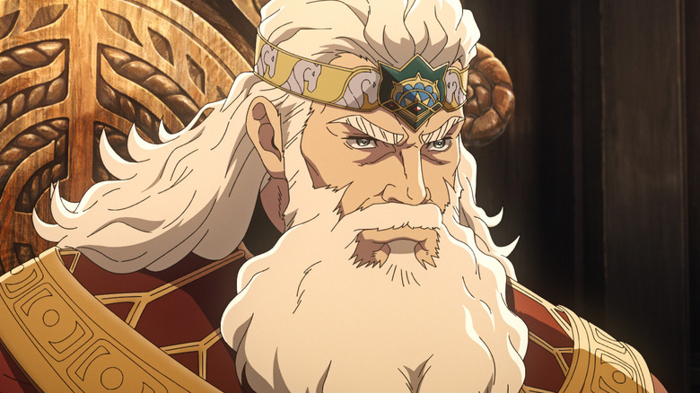 Helm Hammerhead așezat pe tronul său în The Lord of the Rings: The War of the Rohirrim