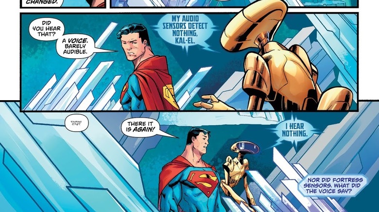 Panouri din Action Comics #978 care îi înfățișează pe Superman și Kelex în Fortăreața Solitudinei