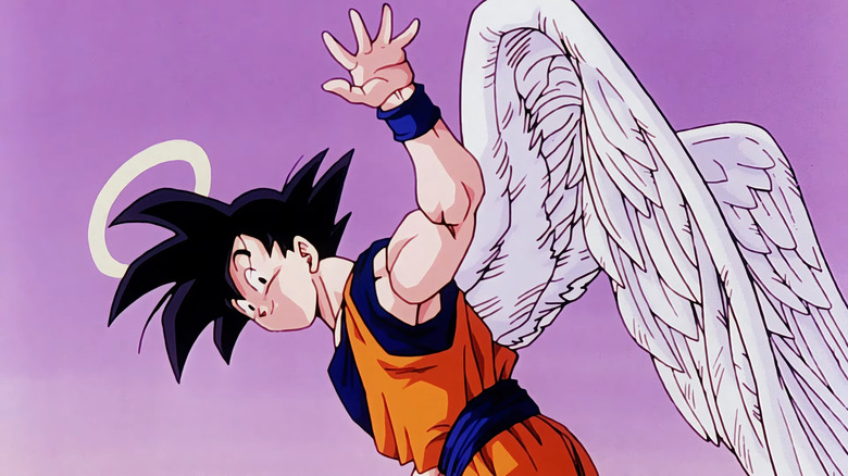 Îngerul Goku își dă rămas bun cu mâna în timp ce zboară în Dragon Ball Z