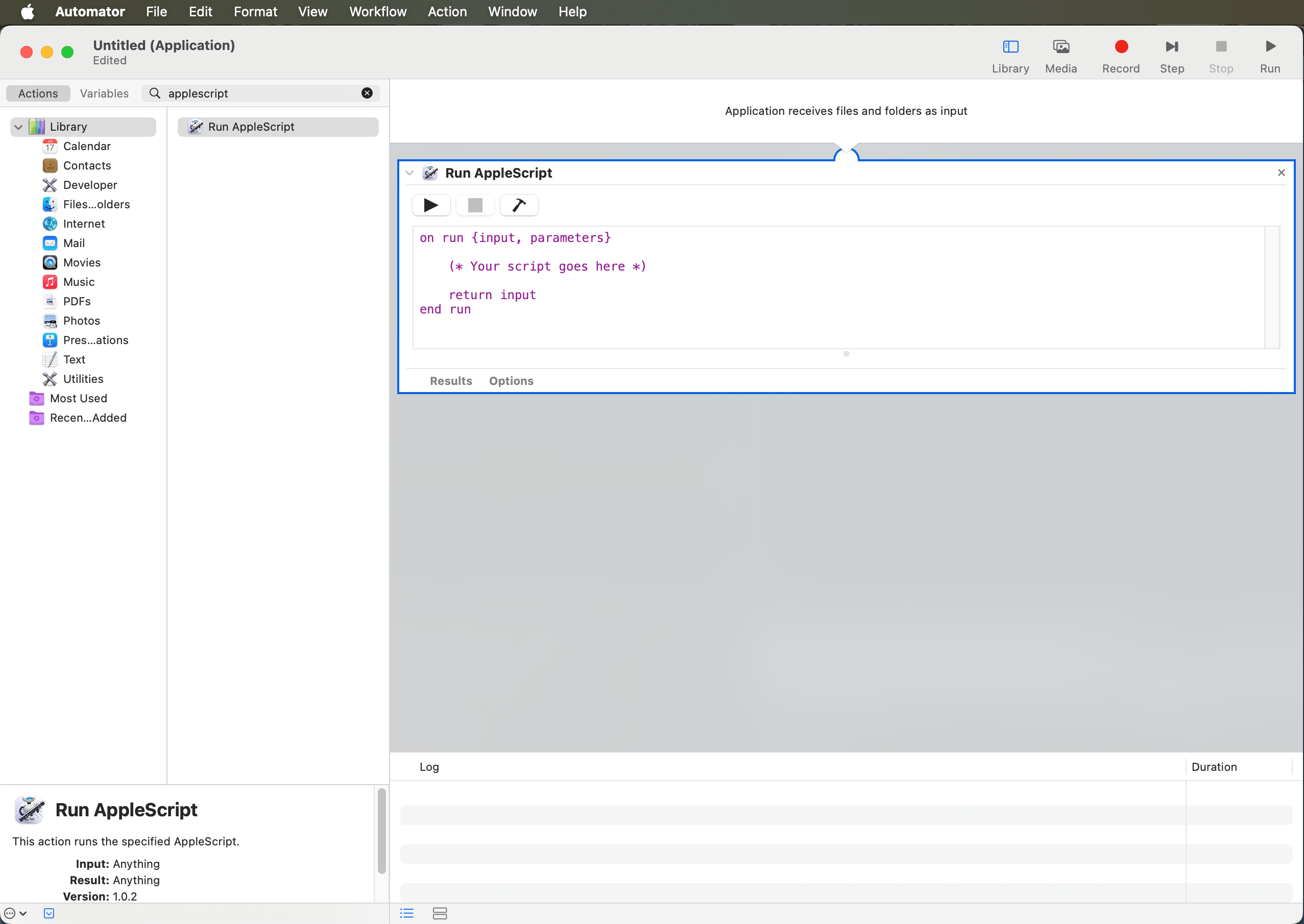 Captură de ecran a aplicației Automator.