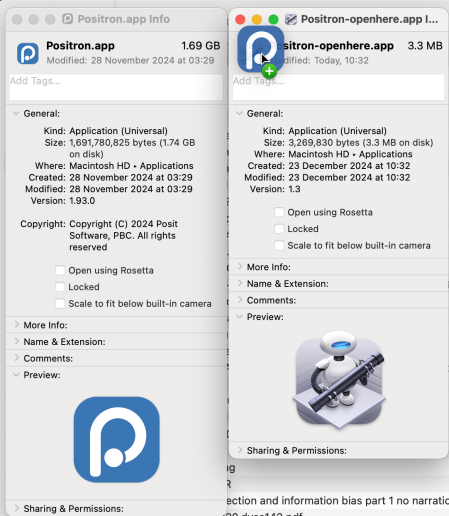 Captură de ecran cu copierea pictogramei Positron în aplicația noastră openhere.