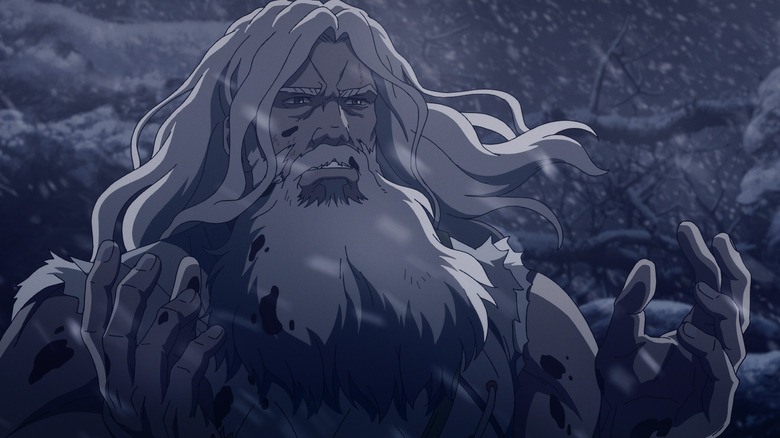 Helm Hammerhand stă în zăpadă cu mâinile însângerate în Stăpânul Inelelor: Războiul Rohirrim