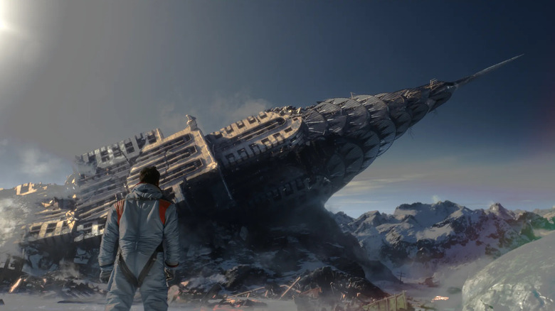 Brian Harper într-un costum spațial, uitându-se la rămășițele prăbușite ale clădirii Chrysler.