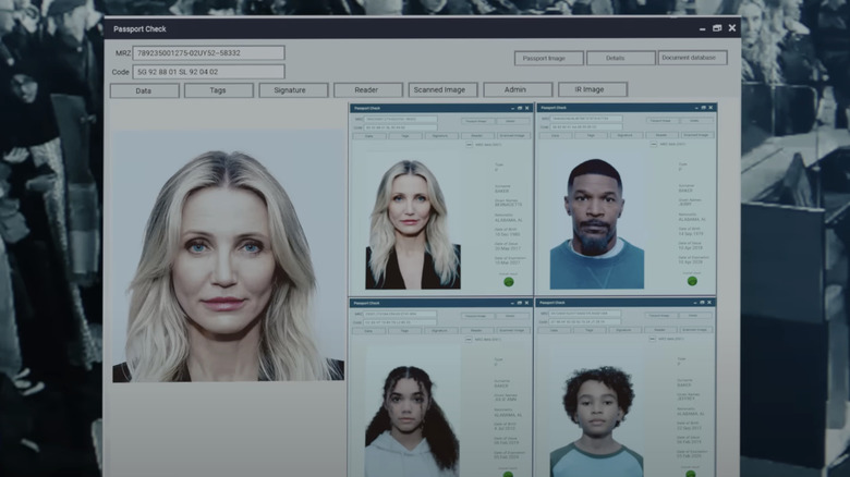 Profilurile de identificare pentru Matt de la Jamie Foxx și Emily de la Cameron Diaz apar pe ecran ca parte a unei căutări în pașaport în Back in Action