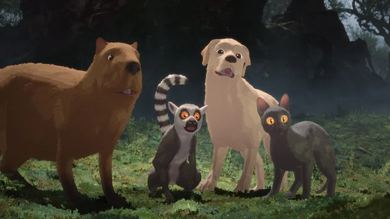 Un capibara, un lemur, un câine și o pisică se uită surprinși în Flow