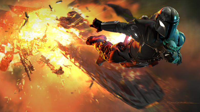 Concept oficial Art of Pedro Pascal ca mandalorian care a scăpat de o explozie cu Grogu în mandalian și Grogu