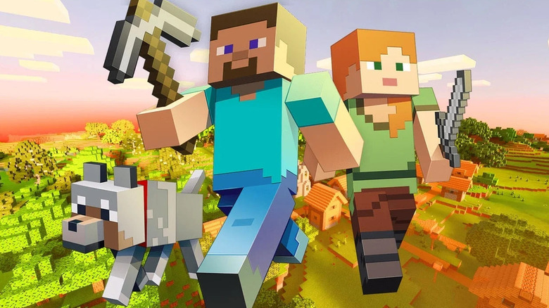 Imagine Minecraft cu Steve, Alex și un lup