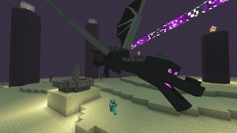 O lovitură a Dragonului Ender, cu un jucător în armură de diamant sub el. Endermeni se apropie în fundal. O captură de ecran de la Minecraft.