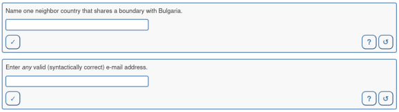 Screenshot al unui R/examene webquiz cu exerciții de expresie obișnuite Geography2.RMD și Email.RMD