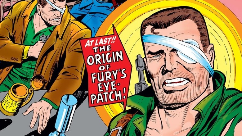 O secțiune din coperta Sgt. Fury #27, tachinând originea ochiului lui Nick Fury.