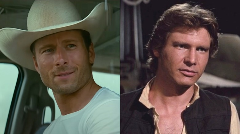 Tyler Owens purtând o pălărie în Twistters și Han Solo Arătând cocoșat în Star Wars: A New Hope