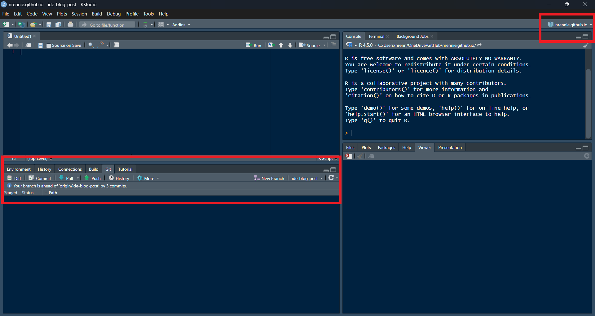 O captură de ecran a RStudio cu un panou Git.