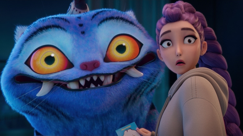 Derpy Tiger rânjind peste umărul lui Rumi, în timp ce pare șocată în vânătorii de demoni Kpop