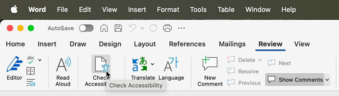 Captură de ecran pentru accesarea veritorului de accesibilitate în Microsoft Word.