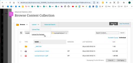 Screenshot de încărcare a unui pachet zip al unui fișier HTML quarto.