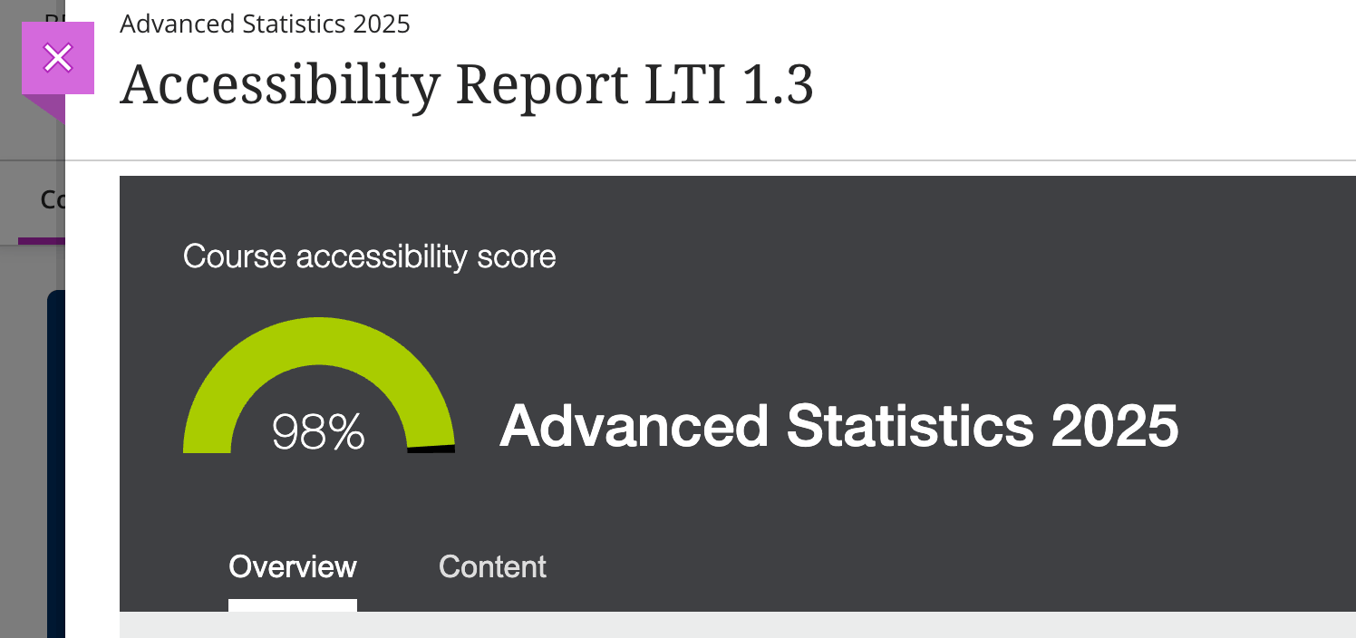 Screenshot of Ally Accesibilitate Checker 1.3 Scor sumar pentru modulul meu din mediul de învățare online Blackboard.