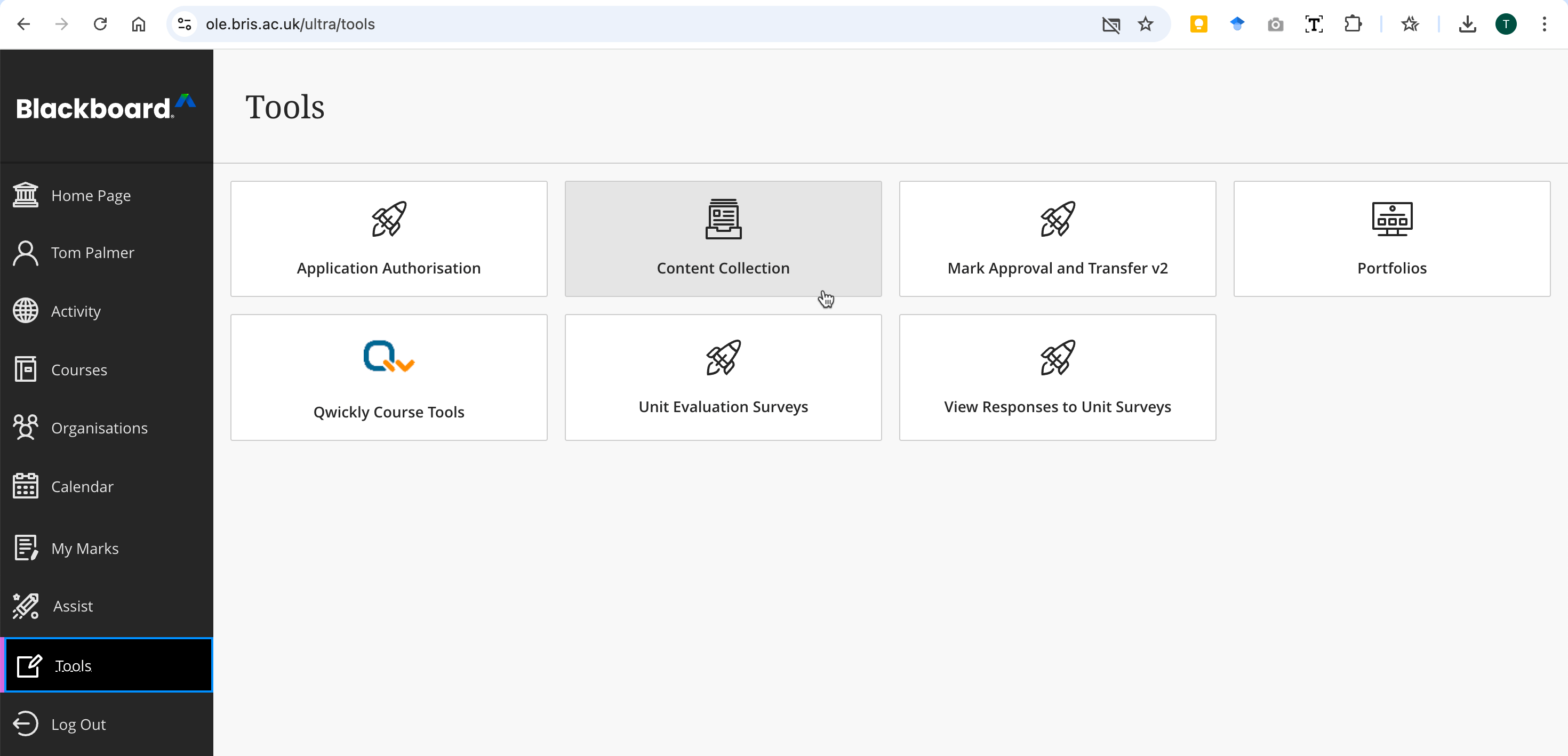Captura de ecran a selecției colecției de conținut Blackboard nu dintr -un curs.