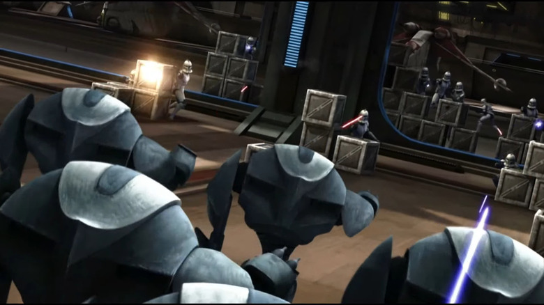 Super Battle Droids care atacă trupe de clonă în Star Wars: The Clone Wars