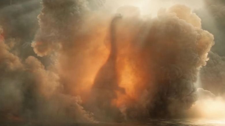 Brachiosaurus moare în nor de fum, cenușă și foc în timp ce Isla Nublar Burns