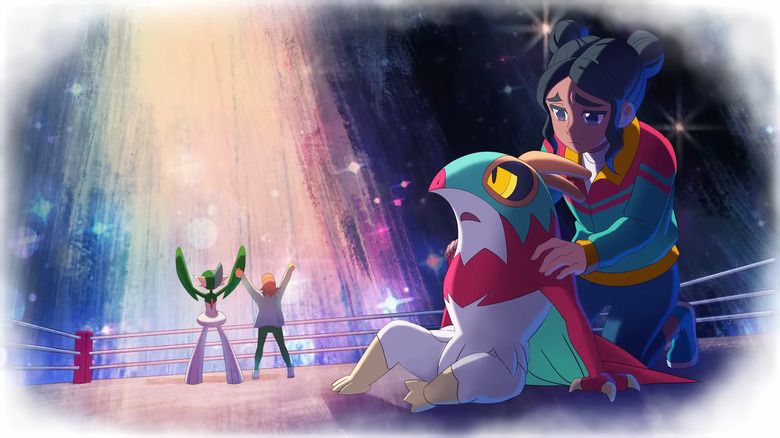 Hawlucucha și antrenorul său privesc necredincios după ce au pierdut o luptă în Hawlucha vs. Machamp