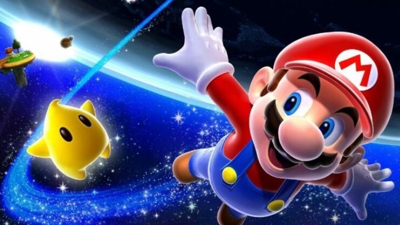 Mario și un Lumas care zboară prin cosmos în Super Mario Galaxy