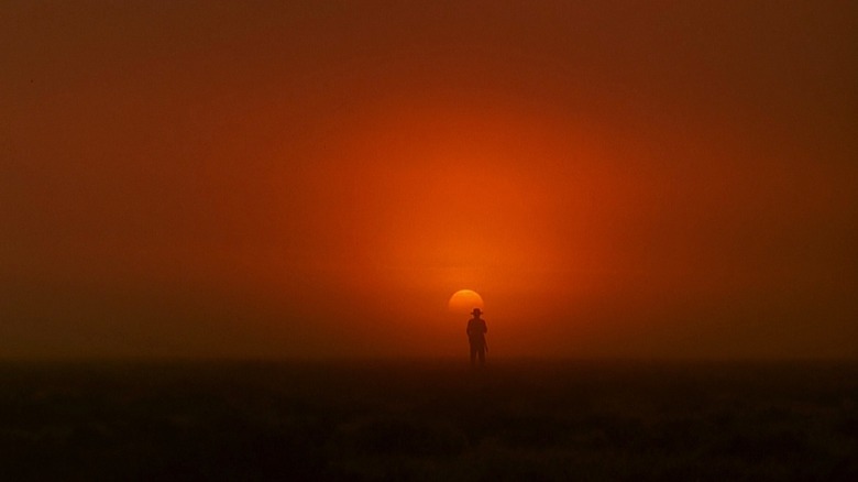 Robert Redford, în calitate de Denys, siluetat de soarele apus din Africa