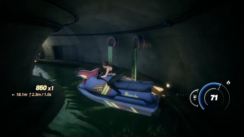 Personaj Fortnite care călărește dinamita Dolphin Jet Ski de la o luptă după alta