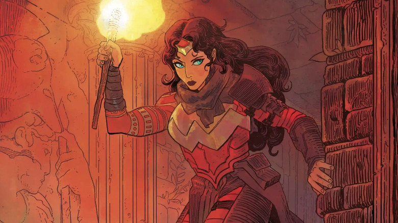 Absolute Wonder Woman #8 Acoperire care arată Diana care ține torță în timp ce se plimba prin labirint