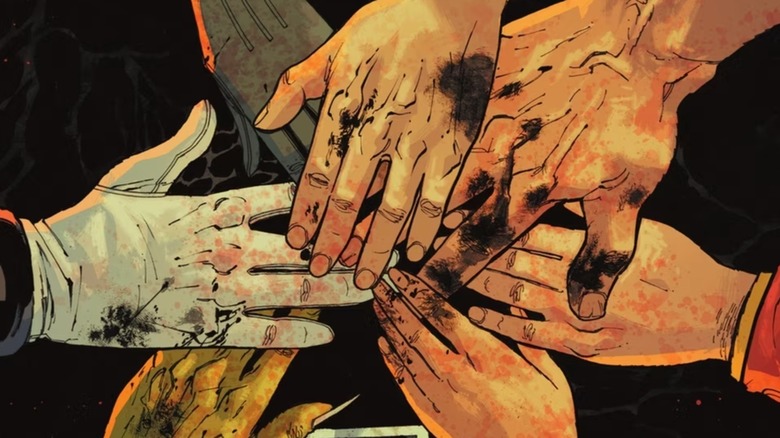 Absolut Evil Cover care arată Liga Justiției punându -și mâinile împreună în cerc