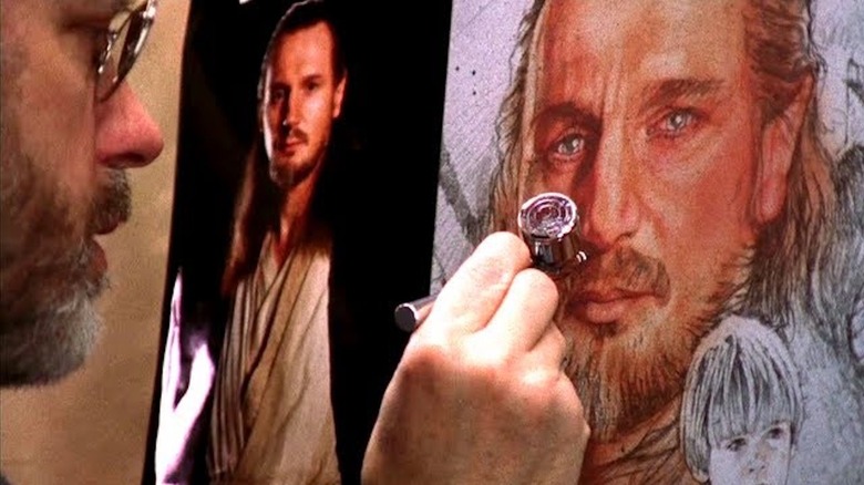 Drew Struzan pune la punctul final pe Liam Neeson în rolul lui Qui-Gon Jinn în Drew: Omul din spatele afișului