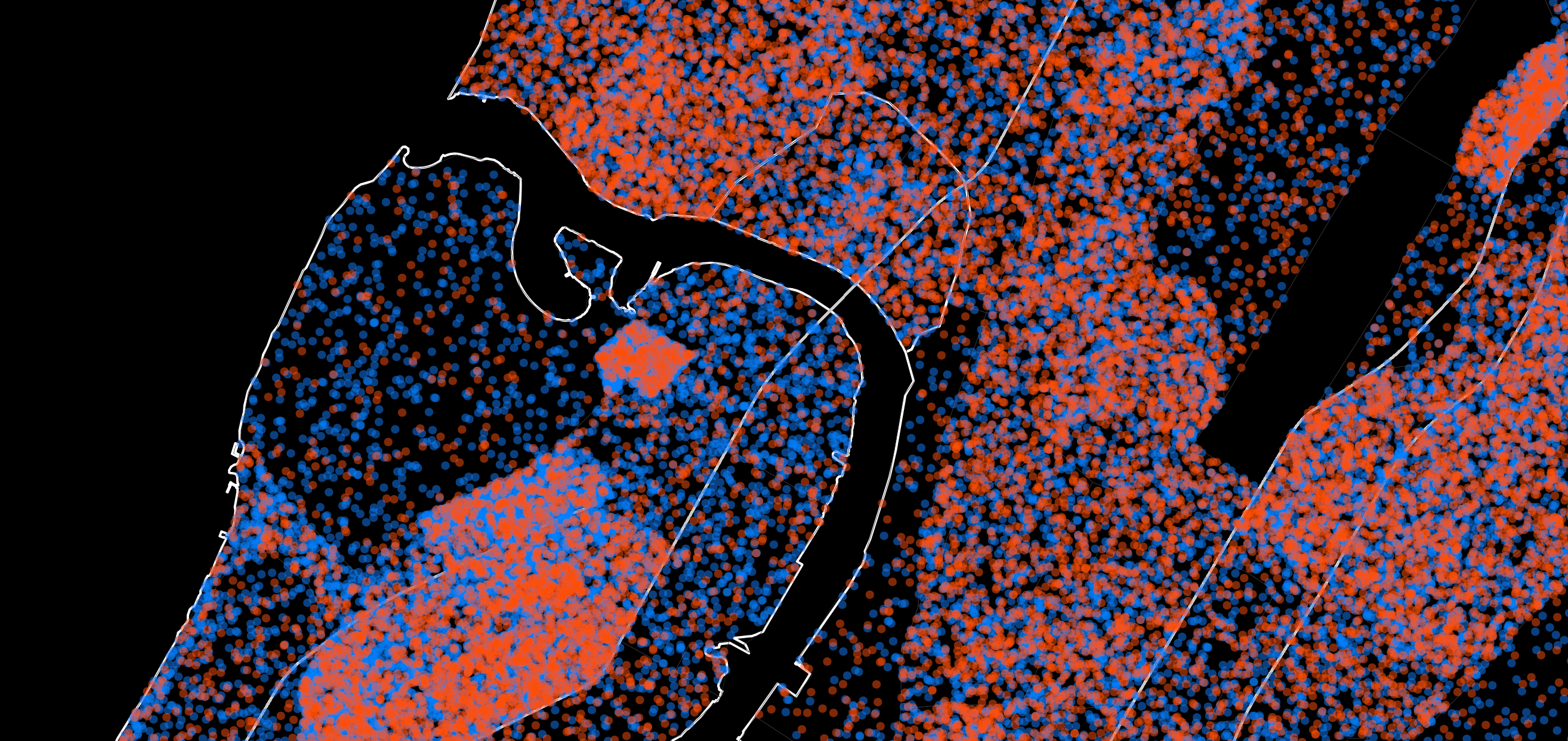 Partajarea voturilor la nivel de circumscripție pentru Mamdani vs Sliwa/Cuomo, versiune cu densitate de puncte, detalii de înaltă rezoluție