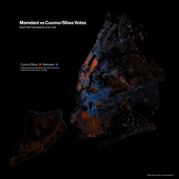 Partajarea voturilor la nivel de circumscripție pentru Mamdani vs Sliwa/Cuomo, versiunea cu densitate de puncte