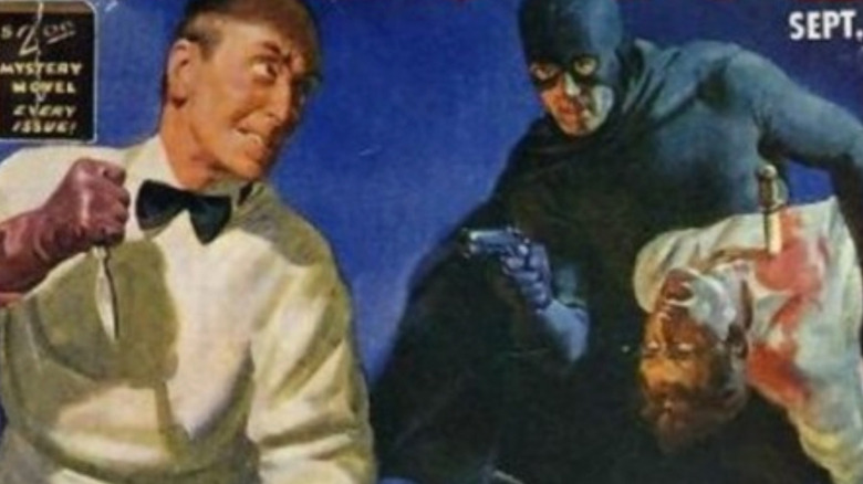 Black Bat ține în brațe un criminal înjunghiat în timp ce țintește cu pistolul către un altul de pe coperta Black Book Detective