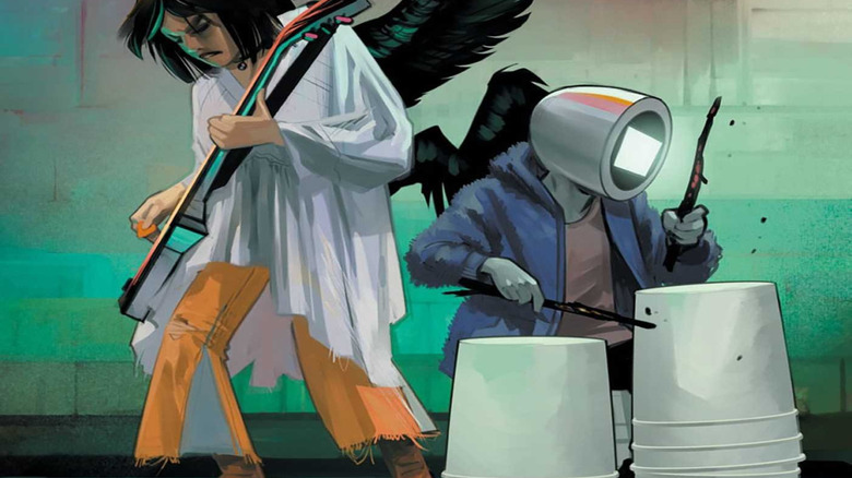 Hazel și Squire cântând la chitară și la tobe improvizate pe coperta volumului 11 din Saga