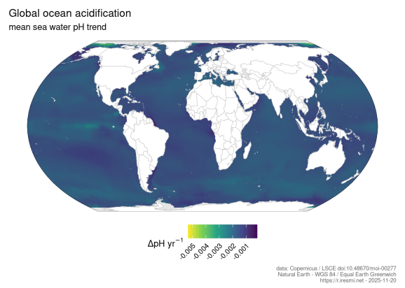 Harta acidificării oceanelor globale - tendința medie a pH-ului apei de mare
