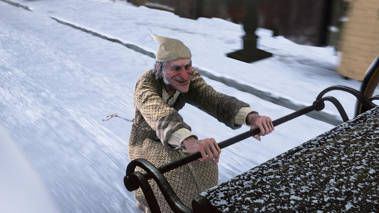 Scrooge călare pe spatele unei trăsuri în A Christmas Carol (2009)