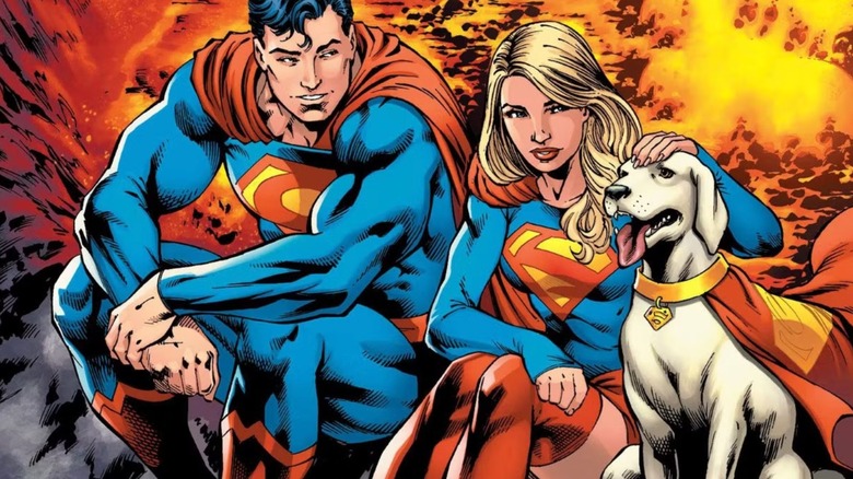 Desen de benzi desenate cu Superman, Supergirl și Krypto împreună