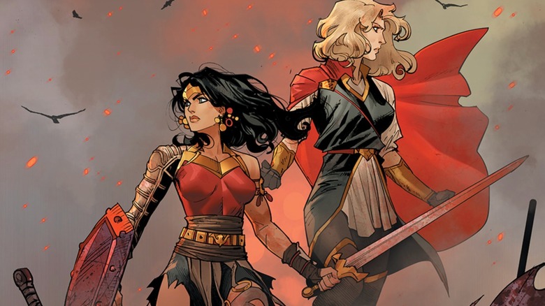 Coperta Dark Knights of Steel nr. 8 de Dan Mora - Wonder Woman și Supergirl pe câmpul de luptă medieval