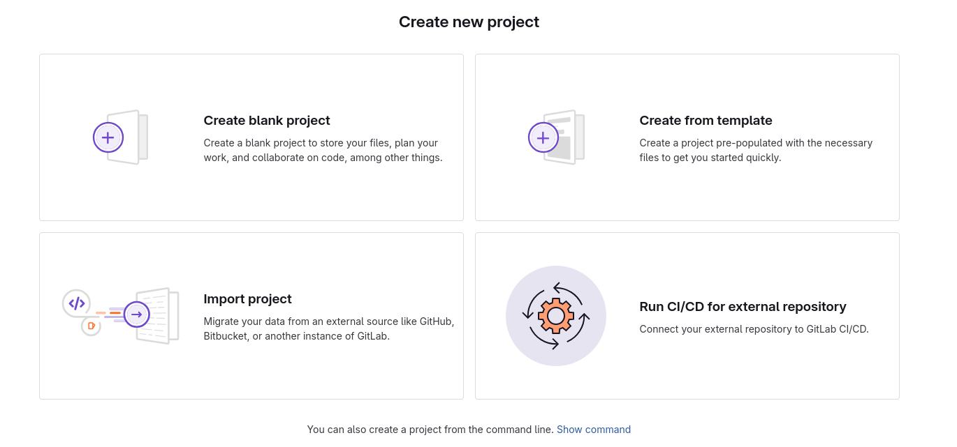 Opțiuni de import pentru depozitul GitLab: Creați un proiect gol; Creați din șablon; Proiect de import; Rulați CI/CD pentru depozitul extern.