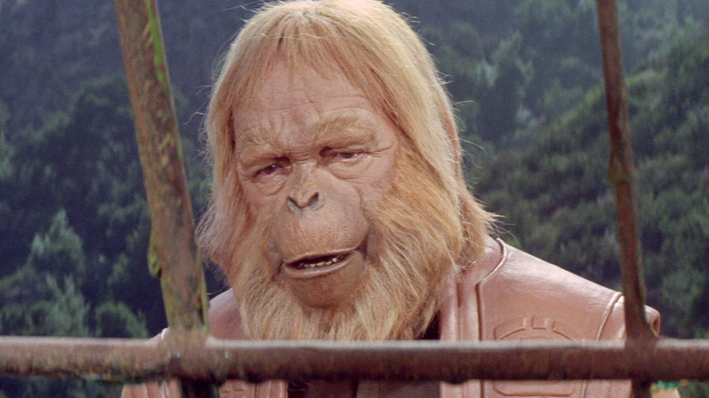 Dr. Zaius stând lângă o cușcă în Planeta Maimuțelor (1968)