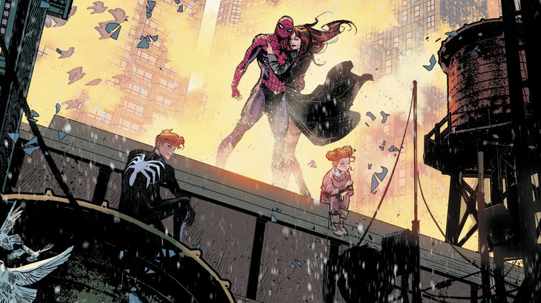 Pagina finală a Ultimate Spider-Man #24, care arată familia Parker: Richard, Peter/Spider-Man, Mary Jane și May