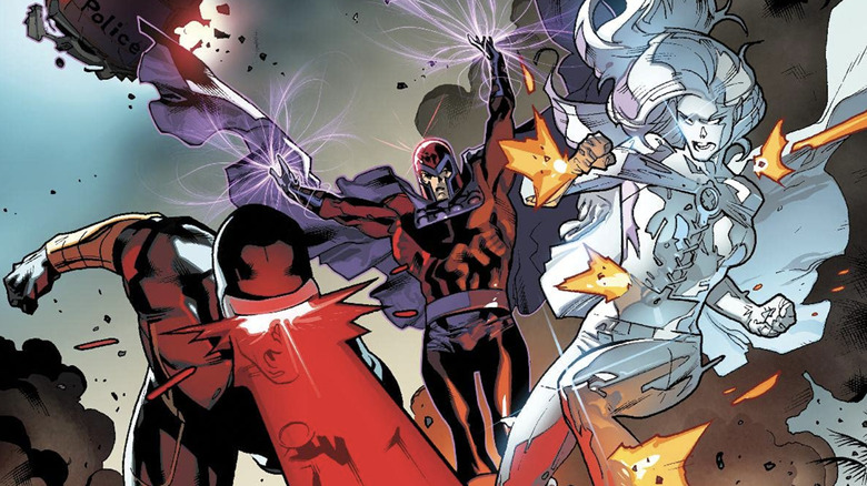 Poster X-Men, Cyclops, Magneto și Emma Frost luptă cu echipa SWAT a poliției