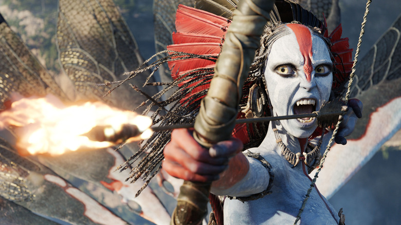 Oona Chaplin ca Varang cu o săgeată în flăcări în arc în Avatar: Fire and Ash