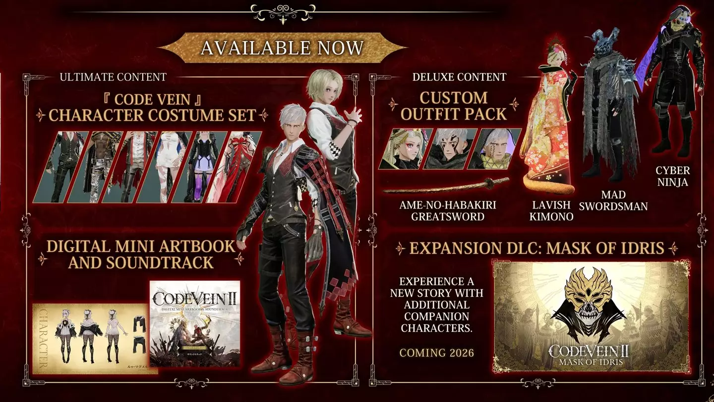 Conținutul costumului de caractere Ultimate Edition pentru Code Vein II, Bandai Namco
