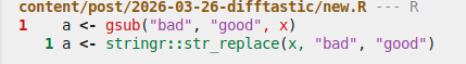 diferența dintre cele două linii de cod, unde „gsub” și „, x” sunt în roșu, apoi „strinrr::str_replace” și „x” în verde